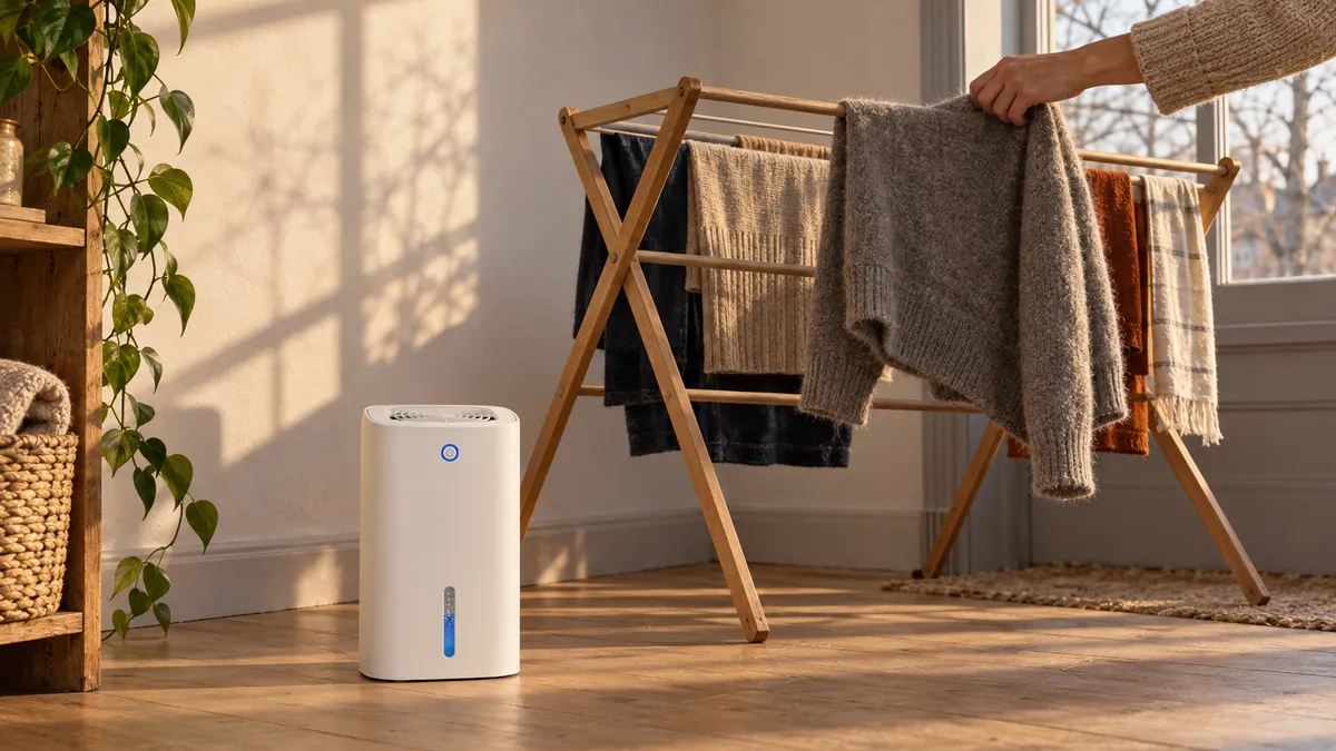 A hand hanging a grey wool jumper on a wooden airer in the low sun, the white Moistrol dehumidifier on the floor beside it